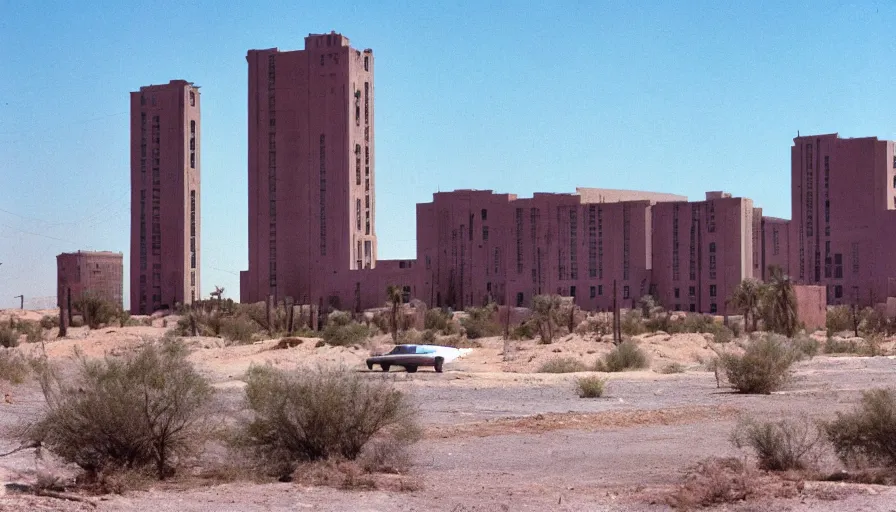 Image similar to 1 9 7 0 s movie still of a empty mammoth stalinist style town with high - rise in the desert, cinestill 8 0 0 t 3 5 mm eastmancolor, heavy grain, high quality, high detailed