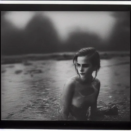 Prompt: night time, emma watson rising out of muddy vietnam river, face covered in mud, low camera angle at water level, night time, dark, polaroid, 2 0 0 mm zoom,