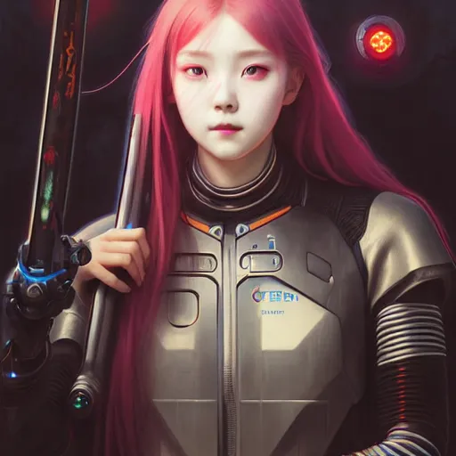 Image similar to painting of cyberpunk chuu loona kpop smiling cheerfully and fixing her black katana, ultra realistic, concept art, intricate details, eerie, highly detailed, photorealistic, octane render, 8 k, unreal engine. art by artgerm and greg rutkowski and magali villeneuve and alphonse mucha