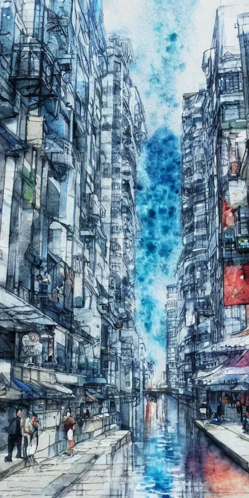 Image similar to hyper realistic manga city water color