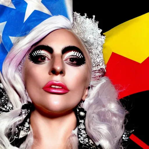 Image similar to lady Gaga, detailed face, waving a flag of Argentina, crowd behind, flags of Argentina behind, detailed, bokeh