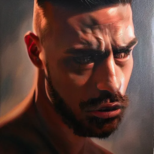 Prompt: photorealistic painting of an angry, handsome male