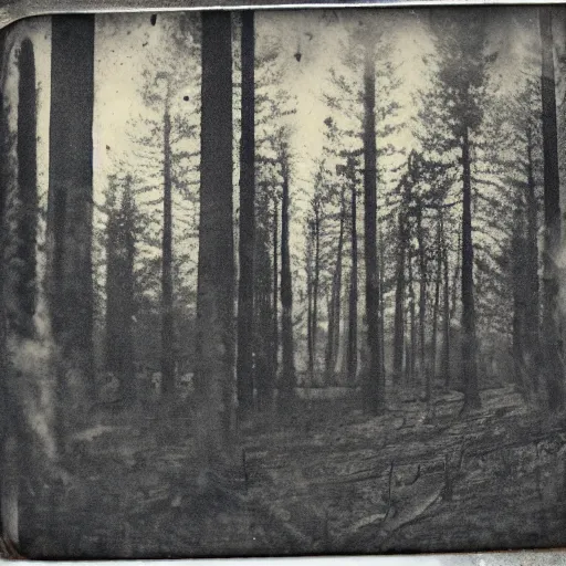 Prompt: tintype photo of a burnt forest