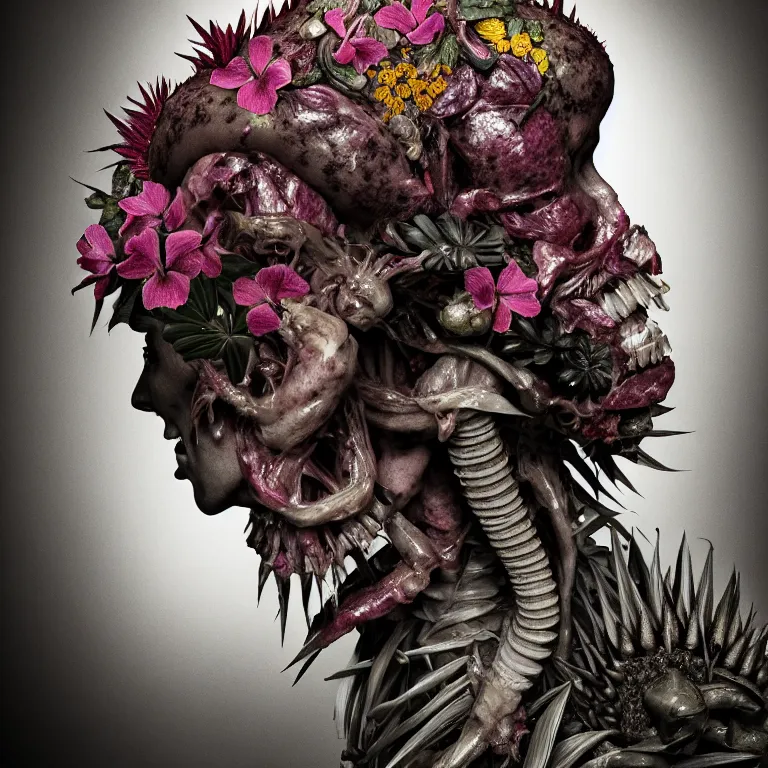 Image similar to portrait of faceless warrior, surrounded by beautiful tropical flowers, tropical fruit, human spine, rotten meat flesh with colorful mold, muscle tissue, spikes, baroque painting, beautiful detailed intricate insanely detailed octane render, 8K artistic photography, photorealistic, chiaroscuro, Raphael, Caravaggio, H.R.Giger, BW digital art