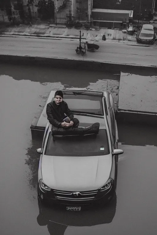 Image similar to Photo of a man sitting on the car roof in the heavy in front of the city that sank, raining, flood, hyper realistic, outdoor lighting, dynamic lighting, volumetric, wide angle, anamorphic lens, go pro, 4k