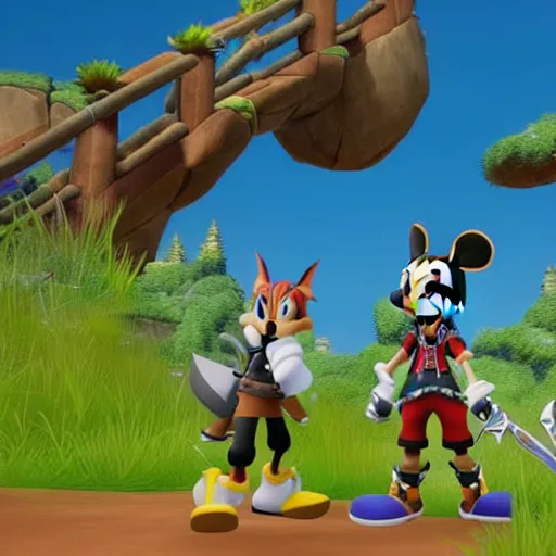 Image similar to A leaked image of a Warrior cats world in Kingdom Hearts 4, Kingdom hearts worlds, Sora donald and Goofy exploring the world of Warrior cats, action rpg Video game, Sora wielding a keyblade, Disney inspired, cartoony shaders, rtx on, Erin hunter, Warrior cats book series