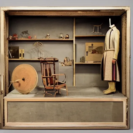 Prompt: a still out of a movie by jacques tati, ethnographic object, museum, collection, display