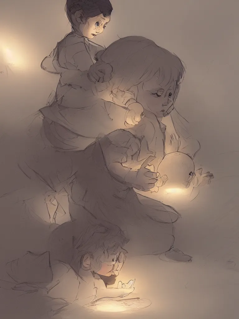 Image similar to light in the dark, child, by disney concept artists, blunt borders, converging lines, beautiful light