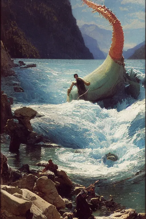 Prompt: a sea serpent emerges from lake in canadian rockies, water splashes cascades, beautiful day, by albert bierstadt, ruan jia, lawrence alma tadema, zdzislaw beksinski, carl spitzweg, everett raymond kinstler, norman rockwell, jack kirby, tom lovell, greg staples