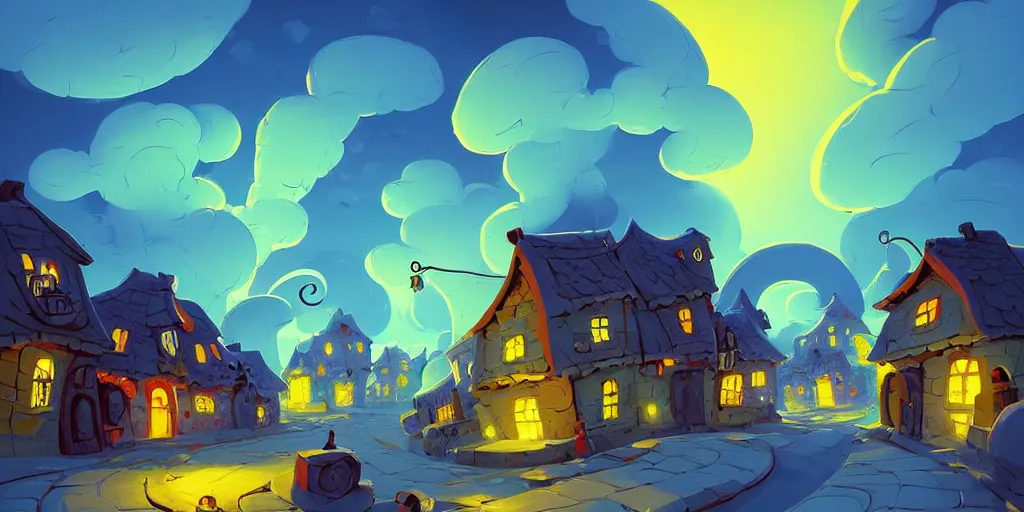 Image similar to curved!!!!!!!!!!! perspective digital art of curvy clouds in a small village with a cobblestone street by anton fadeev from nightmare before christmas