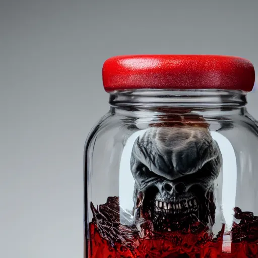 Image similar to Evil monster in a jar, product photography, centered, studio lightning