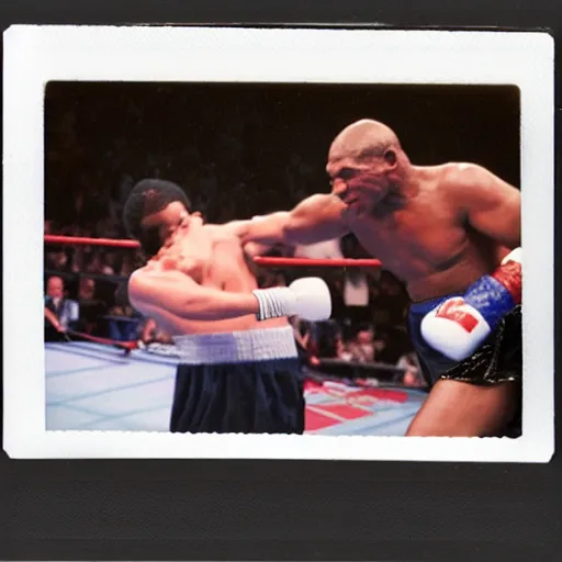 Prompt: polaroid of obama knocking out mike tyson in boxing match