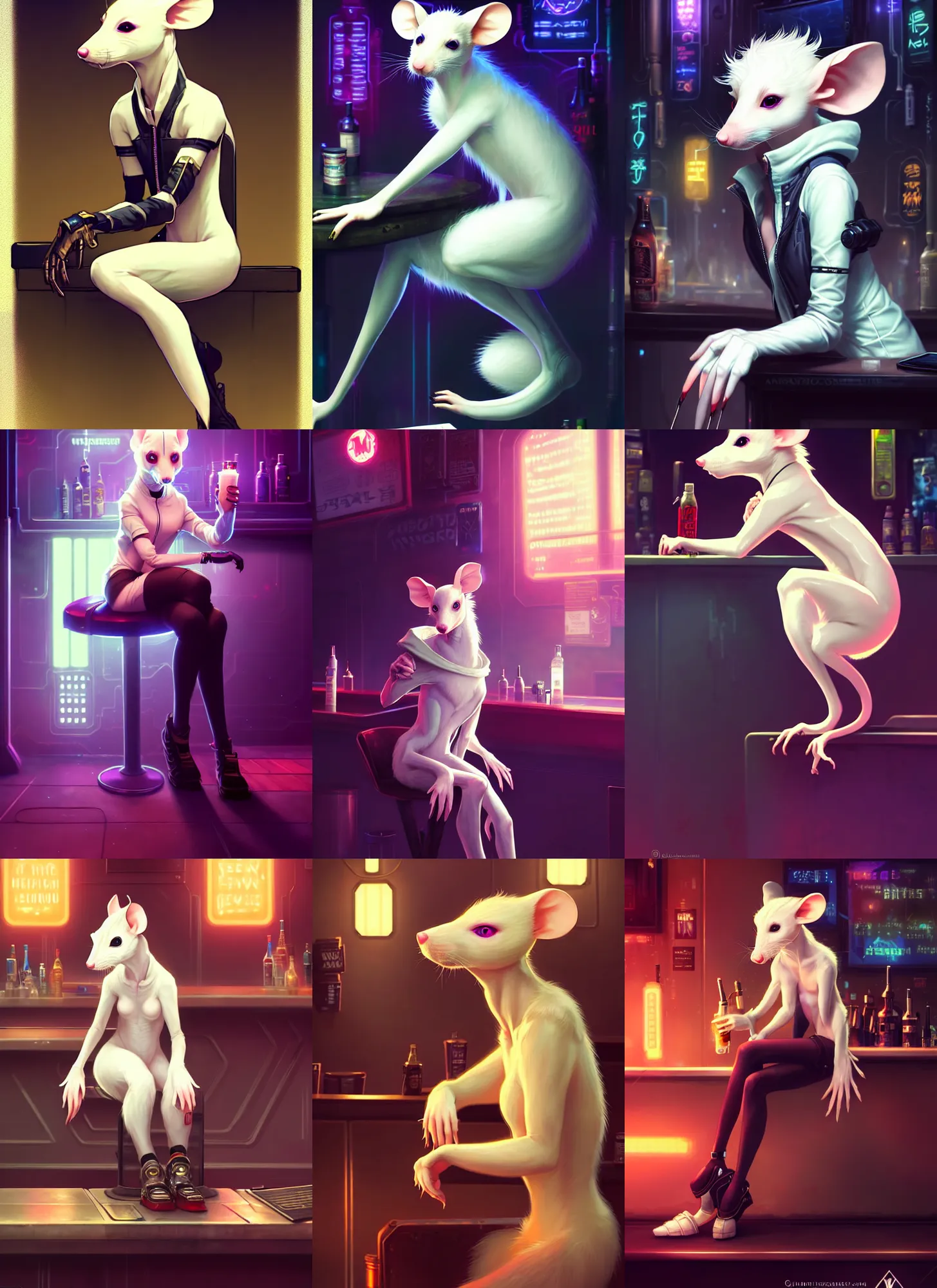 Prompt: beautiful portrait of a female anthropomorphic albino mouse fursona wearing cyberpunk clothes sitting at a cyberpunk bar. character design by disney, charlie bowater, ross tran, artgerm, and makoto shinkai, detailed, soft lighting, rendered in octane