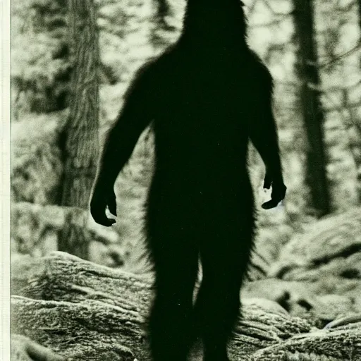 Image similar to footage of a sasquatch caught on a wildcamera, black and white, blurry footage, wild camera, night