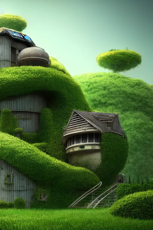 Prompt: cylindrical house, solarpunk, studio ghibli, jean - baptiste monge, octane render, 4 k, overgrown