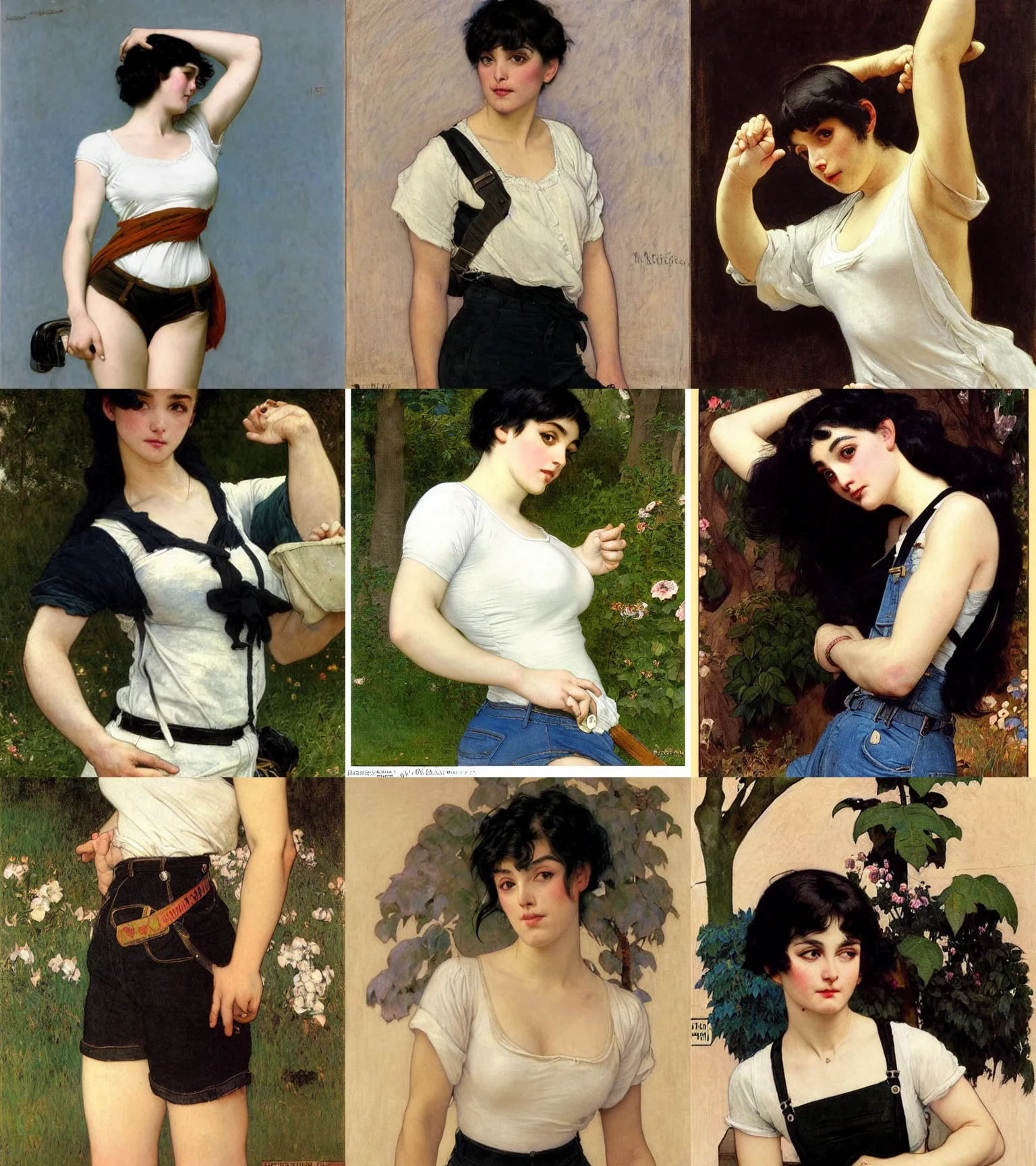 Prompt: a woman with black hair and long pixie haircut in shorts with suspenders and white t-shirt drawn by Alexandre Cabanel, norman rockwell, frank frazetta, Paolo Hayez, maler collier, peter paul rubens, alphonse mucha, gustav klimt 4k, unreal 5, DAZ, french noveau, trending on artstation, octane render, hyperrealistic