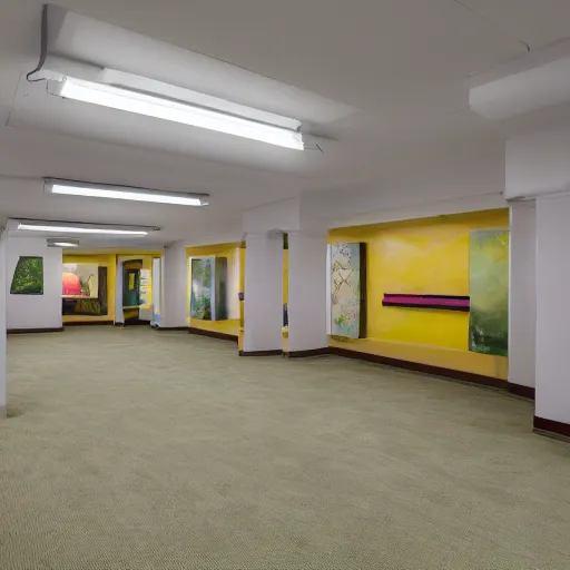 Prompt: watercolor image of a space which resembles the back rooms of a retail outlet, spanning approximately 600 million square miles. All rooms throughout Level 0 share the same superficial aspects: mono-yellow wallpaper, old moist carpet, and inconsistently placed fluorescent lighting. Beyond these main features, no two rooms are identical. 4k, hd, photorealistic