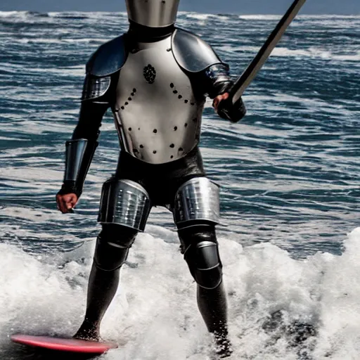 Prompt: photograph of a surfer wearing a knight armor suit and wielding a sword