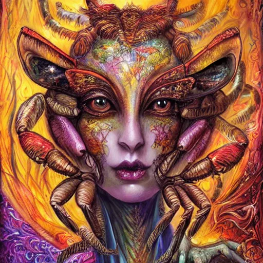 Prompt: portrait of a scorpion fairy, fantasy, magic realism, whimsical, horror, art by josephine wall and and hr geiger and chengwei pan and amanda sage, intricately detailed, highly detailed, luxurious, elegant, clean, unsettling, trending on artstation