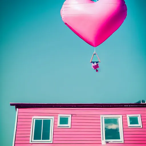 Image similar to a 5 0 mm lens photograph of a cute pink floating modern house, floating in the air between clouds, inspired by the movie up, held up from above by a heart - shaped ballon. mist, playful composition canon, nikon, award winning, photo of the year