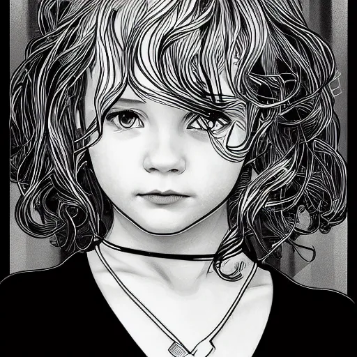 Prompt: clean simple line art of a little girl with short wavy curly light brown hair and blue eyes, a superhero. no background. well composed, clean, black and white, beautiful detailed face line art by ilya kuvshinov and alphonse mucha