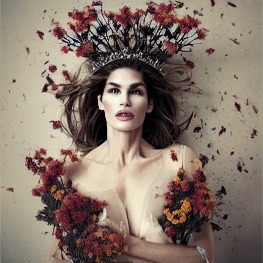 Image similar to fine art photo of cindy crawford, she has a crown of dried flowers, by oleg oprisco