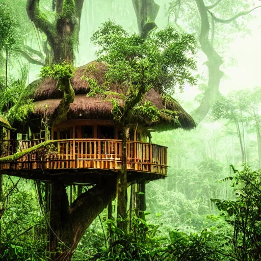 Prompt: a treehouse in a lush jungle during a thunderstorm in the evening