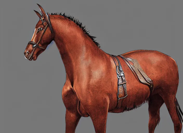 Image similar to concept art of algie infected stallion, carrying a saddle bag, digital art, photo realistic, highly detailed