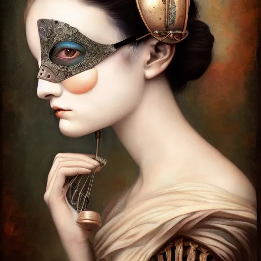 Prompt: tom bagshaw, soft painting of a curiosities carnival steampunk, porcelain beautiful young blessing tight mask in tight top bottom dress, perfectly detailed, symmetrical accurate intricate sensual features, highly detailed, artstation, sharp focus