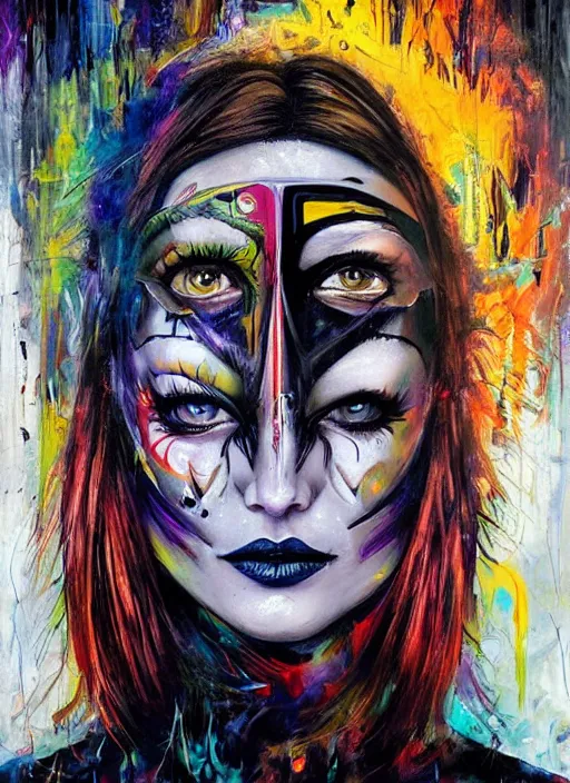 Prompt: enlightened magic cult psychic woman, painted face, third eye, energetic consciousness psychedelic, epic surrealism expressionism symbolism, story telling, iconic, dark robed, oil painting, symmetrical face, dark myth mythos, by sandra chevrier, joan mitchell monochromatic masterpiece