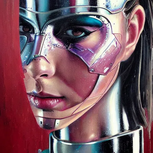 Image similar to portrait of a female android painted by Normand Rockwell and Sandra Chevrier