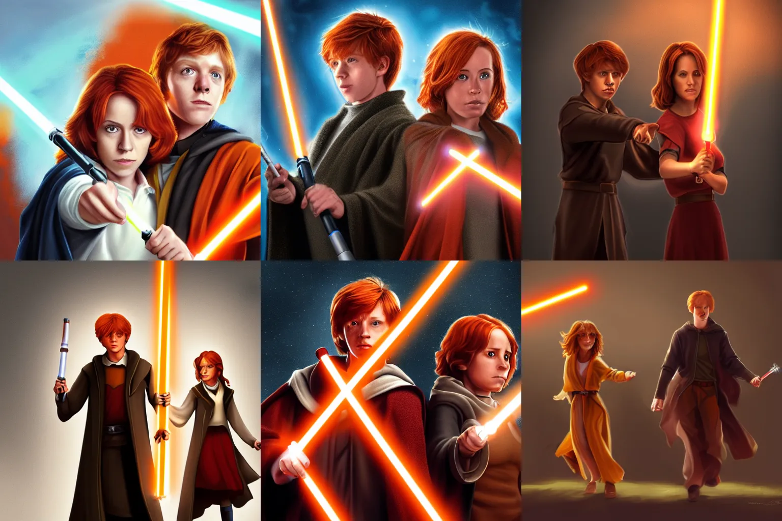 Prompt: still of a movie about the Jedi Knights Ron Weasley and Hermione Granger, they're holding orange light sabers, digital art, trending on art station