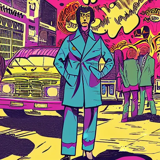 Image similar to psychedelic 7 0 s comic book style, detective in a trenchcoat in densely packed city street