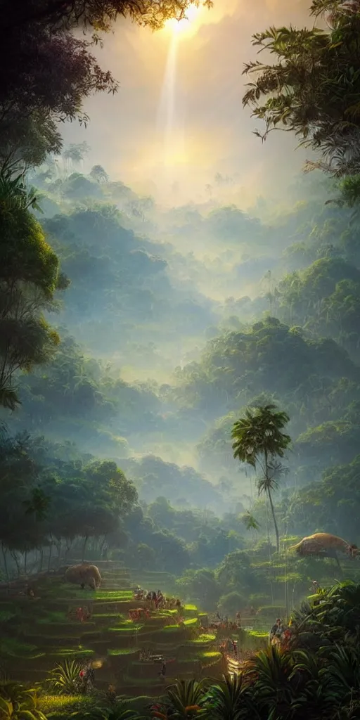 Prompt: Detailed landscape of lush rice terrace, Bali, morning, sun rays, tropical vegetation, farmer, bulls, rising planet, floating rocks, nebula sky, stunning atmosphere, in Style of Peter Mohrbacher, cinematic lighting