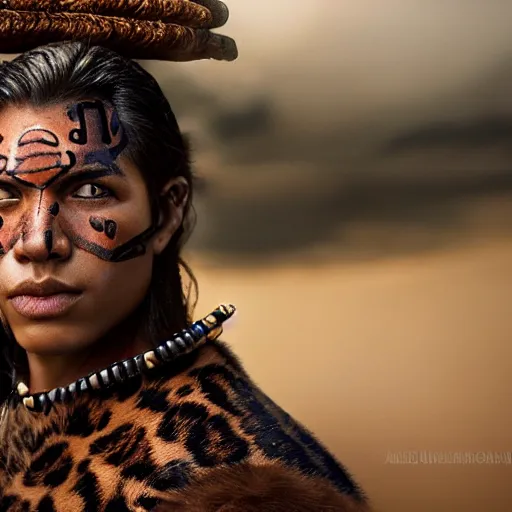 Image similar to portrait of a young jaguar warrior, street pic, depth of field, zeiss lens, detailed, symmetrical, centered, fashion photoshoot, by annie leibovitz and steve mccurry, jim jarmusch, moebius, breathtaking, 8 k resolution, extremely detailed, beautiful, establishing shot, artistic, hyperrealistic, beautiful face, octane render