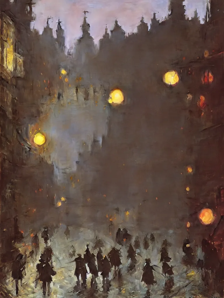 Image similar to a large dieselpunk city street at dusk in russia during the 1 9 1 0 revolution, craig mullins, winslow homer