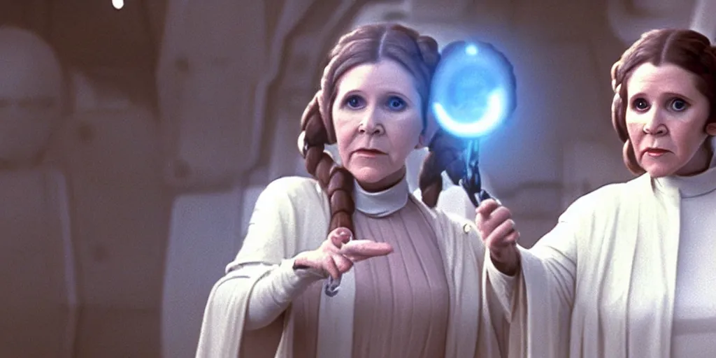 Image similar to a full color still of Carrie Fisher as Leia Organa as a regal Senator in the Galactic Senate talking to an alien, cinematic lighting, 1999, directed by Steven Spielberg, 35mm