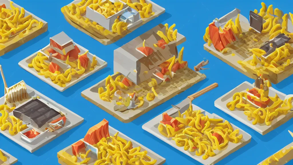 Image similar to mac and cheese humble isometric tuna village / city setting