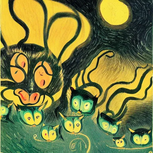 Image similar to detailed painting of cats and caterpillars at a carnival at night watching paper lanterns, in the style of eyvind earle and vincent van gogh