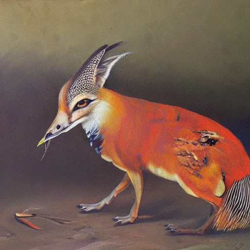 Prompt: A painting of a pheasant eating a fox