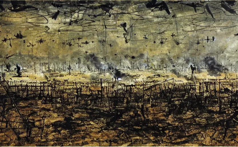 Image similar to painting by anslem kiefer of a battlefield