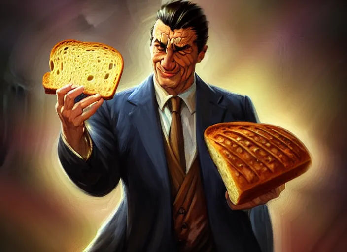 Image similar to magic : the gathering fantasy character concept art of the great businessman by marco bucci and frank frazetta, high resolution. a clear portrait of powerful, business man wearing a business suit, holding a magical briefcase overflowing with bread and toast swirling around, fantasy coloring, intricate, digital painting, artstation, smooth, sharp focus