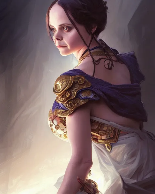 Image similar to Christina Ricci, D&D, fantasy, intricate, elegant, highly detailed, digital painting, artstation, concept art, matte, sharp focus, illustration, hearthstone, art by Artgerm and Greg Rutkowski and Alphonse Mucha