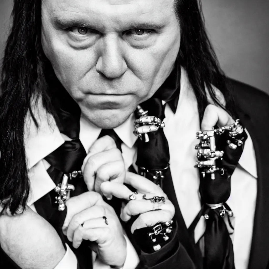Prompt: francois legault, suit and tie, business outfit, black metal make - up, album cover, band name, dark forest, studded choker, long black hair