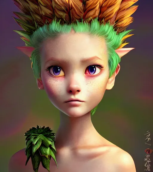 Prompt: an epic fantasy comic book style portrait painting of an extremely cute and adorable very tomboyish pineapple mint dryad cat, character design by mark ryden and pixar and hayao miyazaki, unreal 5, daz, hyperrealistic, octane render, cosplay, rpg portrait, dynamic lighting, intricate detail, summer vibrancy, cinematic