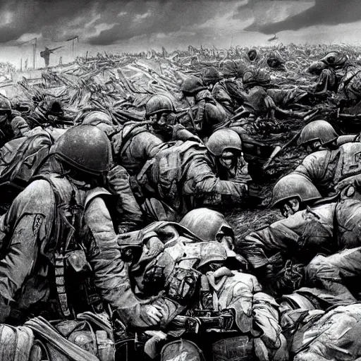 Image similar to d - day scene from saving private ryan except it's by victo ngai and yoji shinkawa moebius jean girard and stuart brown bryan christie godmachine keith thompson psychedelic combat art world war two combat photography photorealistic