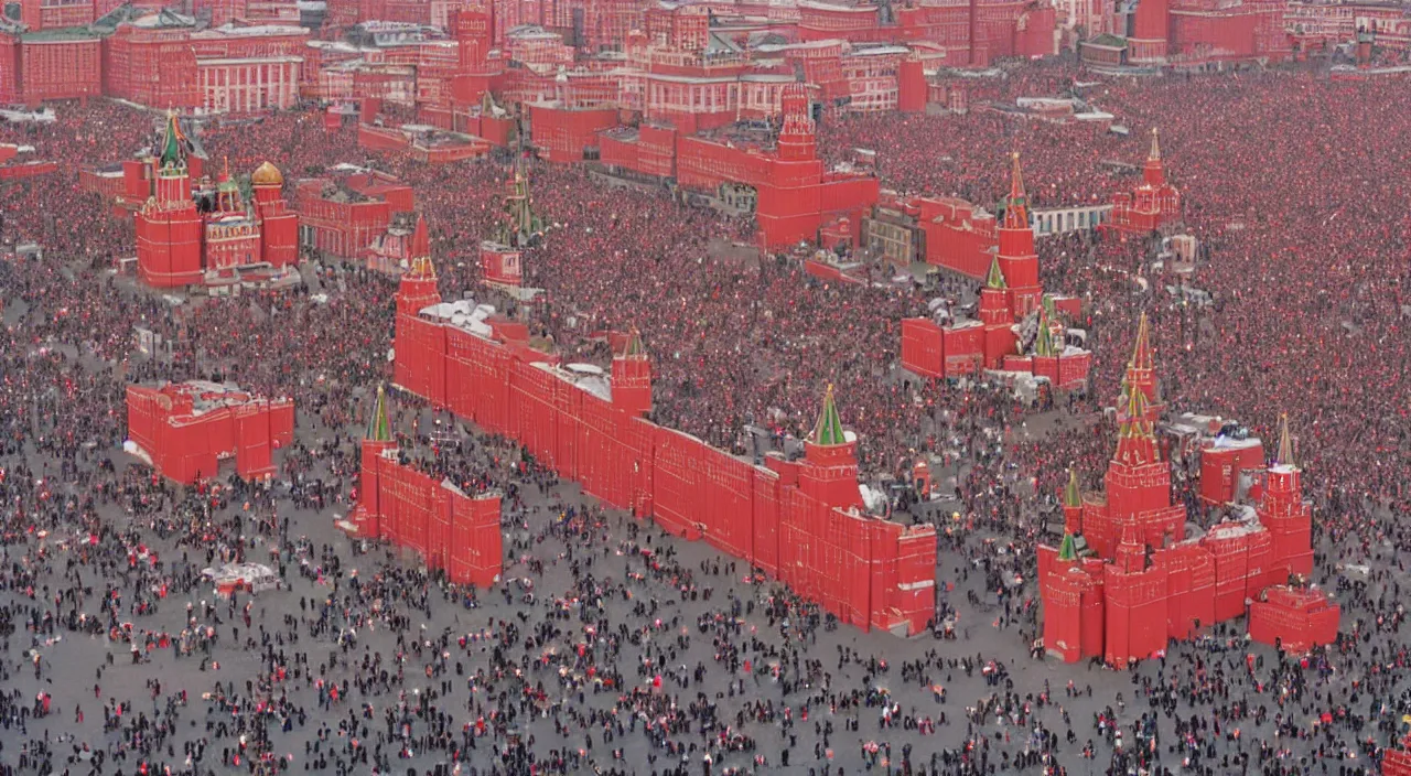 Prompt: red square victory day in moscow during the soviet union, art, high detail, high definition, photorealistic, old vhs,