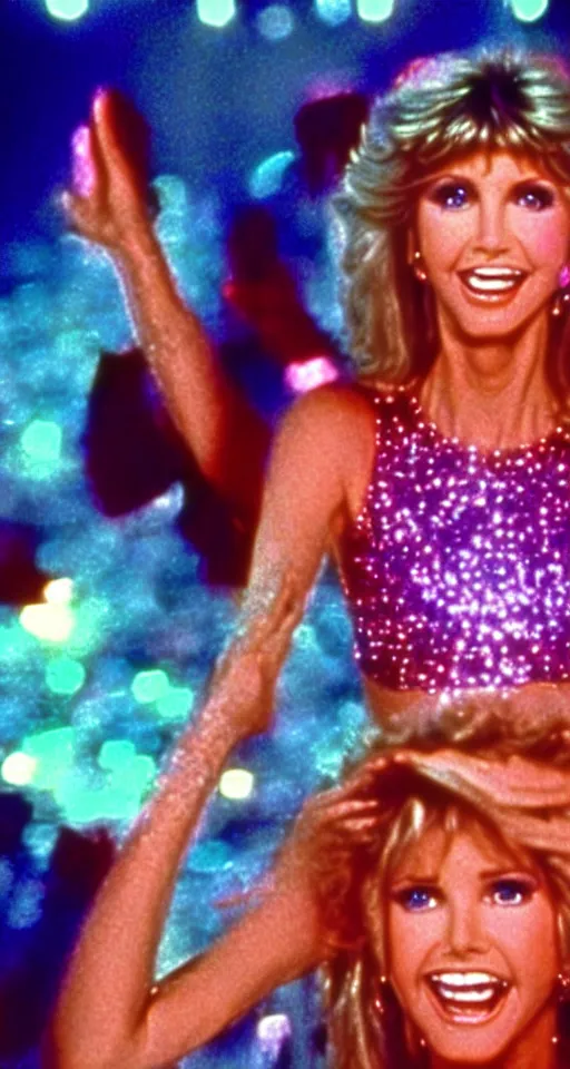 Prompt: Olivia Newton John in the movie Xanadu ascending to neon heavens, sparkle in the background