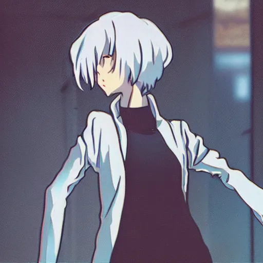 Image similar to “ rei ayanami standing in a dark alleyway, staring at the camera ”