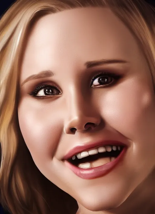 Image similar to portrait of kristen bell winking at the camera and biting her lips, intricate, elegant, highly detailed, photorealistic, trending on artstation, digital art